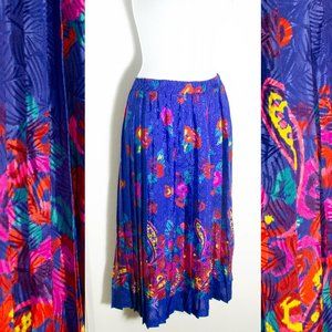 Vintage floral Skirt - Blue Paisley magenta Indigo - 80s Flowy Jewel tone